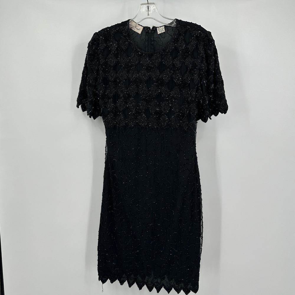 Laurence Kazar Vintage Beaded Silk Art Deco Midi Dress Size PS Gatsby Flapper‎